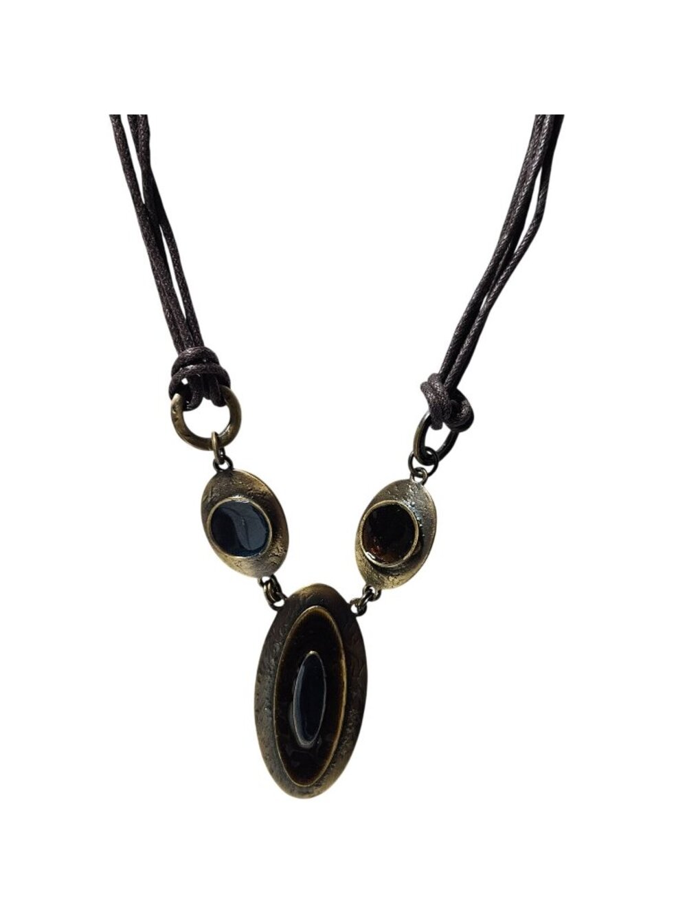 Vintage Necklace Bronze Tone Oval Pendant Brown Cord Boho Rustic Earthy Art